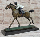 JOCKEY RIDING HORSE BRONZE STATUE FIGURE FIGURIN HOT CAST MARBLE BASE SCULPTURE