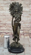 Female Native American Indian Warrior in Feathered Headdress Bronze Statue Sculpture Figure