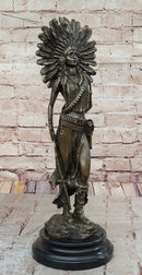 Female Native American Indian Warrior in Feathered Headdress Bronze Statue Sculpture Figure