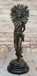 Female Native American Indian Warrior in Feathered Headdress Bronze Statue Sculpture Figure