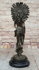 Female Native American Indian Warrior in Feathered Headdress Bronze Statue Sculpture Figure
