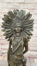 Female Native American Indian Warrior in Feathered Headdress Bronze Statue Sculpture Figure