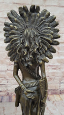 Female Native American Indian Warrior in Feathered Headdress Bronze Statue Sculpture Figure