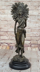 Female Native American Indian Warrior in Feathered Headdress Bronze Statue Sculpture Figure