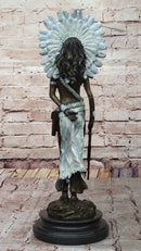 Native American Girl in Feathered Bonnet Bronze Statue Signed Original