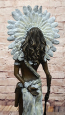 Native American Girl in Feathered Bonnet Bronze Statue Signed Original