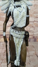 Native American Girl in Feathered Bonnet Bronze Statue Signed Original