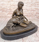 French Art Deco Bronze by Armand Godard Nude Lady With Borzoi Dog Sculpture