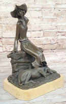 Fashionable Woman with Large Hat and Dog - Bronze Metal Art Deco Sculpture by Milo