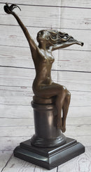 Nude Girl Seated on Pillar Holding Bird Pigeon Carrier Gennarelli Bronze Statue Sculpture