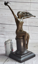 Nude Girl Seated on Pillar Holding Bird Pigeon Carrier Gennarelli Bronze Statue Sculpture