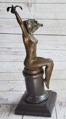 Nude Girl Seated on Pillar Holding Bird Pigeon Carrier Gennarelli Bronze Statue Sculpture