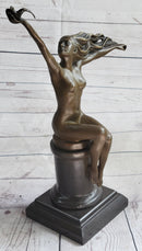 Nude Girl Seated on Pillar Holding Bird Pigeon Carrier Gennarelli Bronze Statue Sculpture