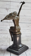 Nude Girl Seated on Pillar Holding Bird Pigeon Carrier Gennarelli Bronze Statue Sculpture