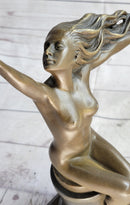 Nude Girl Seated on Pillar Holding Bird Pigeon Carrier Gennarelli Bronze Statue Sculpture