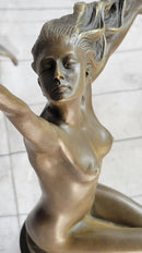 Nude Girl Seated on Pillar Holding Bird Pigeon Carrier Gennarelli Bronze Statue Sculpture