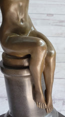 Nude Girl Seated on Pillar Holding Bird Pigeon Carrier Gennarelli Bronze Statue Sculpture