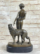 Art Deco Girl with Dog Bronze Statue Sculpture  Figure Lorenzl 14" x 8"