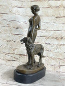 Art Deco Girl with Dog Bronze Statue Sculpture  Figure Lorenzl 14" x 8"