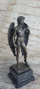 Michelangelo's David as an Angel Bronze Sculpture Statue Nude Figure on Marble Base