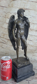 Michelangelo's David as an Angel Bronze Sculpture Statue Nude Figure on Marble Base