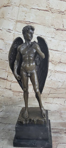 Michelangelo's David as an Angel Bronze Sculpture Statue Nude Figure on Marble Base