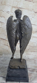 Michelangelo's David as an Angel Bronze Sculpture Statue Nude Figure on Marble Base