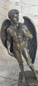 Michelangelo's David as an Angel Bronze Sculpture Statue Nude Figure on Marble Base