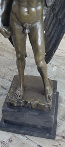 Michelangelo's David as an Angel Bronze Sculpture Statue Nude Figure on Marble Base