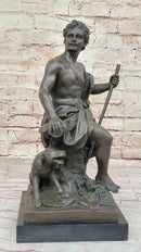 Muscular Male Shepherd with his Dog - Bronze Sculpture by Barbedienne on Marble base