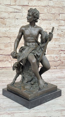 Muscular Male Shepherd with his Dog - Bronze Sculpture by Barbedienne on Marble base