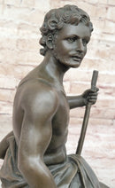 Muscular Male Shepherd with his Dog - Bronze Sculpture by Barbedienne on Marble base