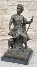 Muscular Male Shepherd with his Dog - Bronze Sculpture by Barbedienne on Marble base