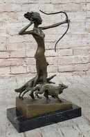Artemis Diana The Huntress w/ Dogs Nude Figure Bronze Sculpture Statue by J. Lorenzl