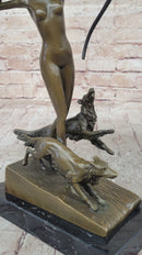 Artemis Diana The Huntress w/ Dogs Nude Figure Bronze Sculpture Statue by J. Lorenzl