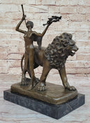 Original Artwork by Italian artist Aldo Vitaleh Bronze Lion with Angel Sculpture