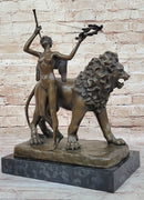 Original Artwork by Italian artist Aldo Vitaleh Bronze Lion with Angel Sculpture