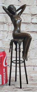 Nude Female Figure Girl Sitting on Stool Bronze Figurine Sculpture Art