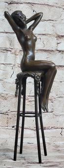 Nude Female Figure Girl Sitting on Stool Bronze Figurine Sculpture Art