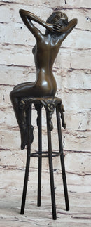 Nude Female Figure Girl Sitting on Stool Bronze Figurine Sculpture Art