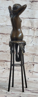 Nude Female Figure Girl Sitting on Stool Bronze Figurine Sculpture Art