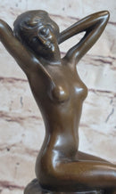 Nude Female Figure Girl Sitting on Stool Bronze Figurine Sculpture Art