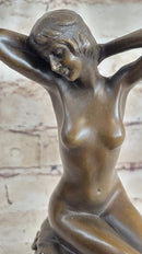 Nude Female Figure Girl Sitting on Stool Bronze Figurine Sculpture Art