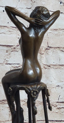 Nude Female Figure Girl Sitting on Stool Bronze Figurine Sculpture Art