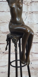 Nude Female Figure Girl Sitting on Stool Bronze Figurine Sculpture Art