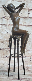 Nude Female Figure Girl Sitting on Stool Bronze Figurine Sculpture Art