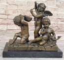 Three Cherubim Winged Cherub Baby Angel Putti Sculpture on Marble Base