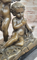 Three Cherubim Winged Cherub Baby Angel Putti Sculpture on Marble Base