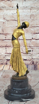 Chiparus Bronze Dancer Sculpture – Elegant Art Deco Figurine with Golden Gown on Marble Base