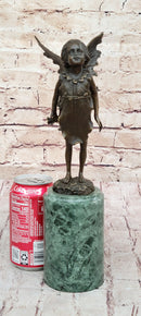 Young Child Girl Angel Fairy Winged Figure Bronze Sculpture on Green Marble Base